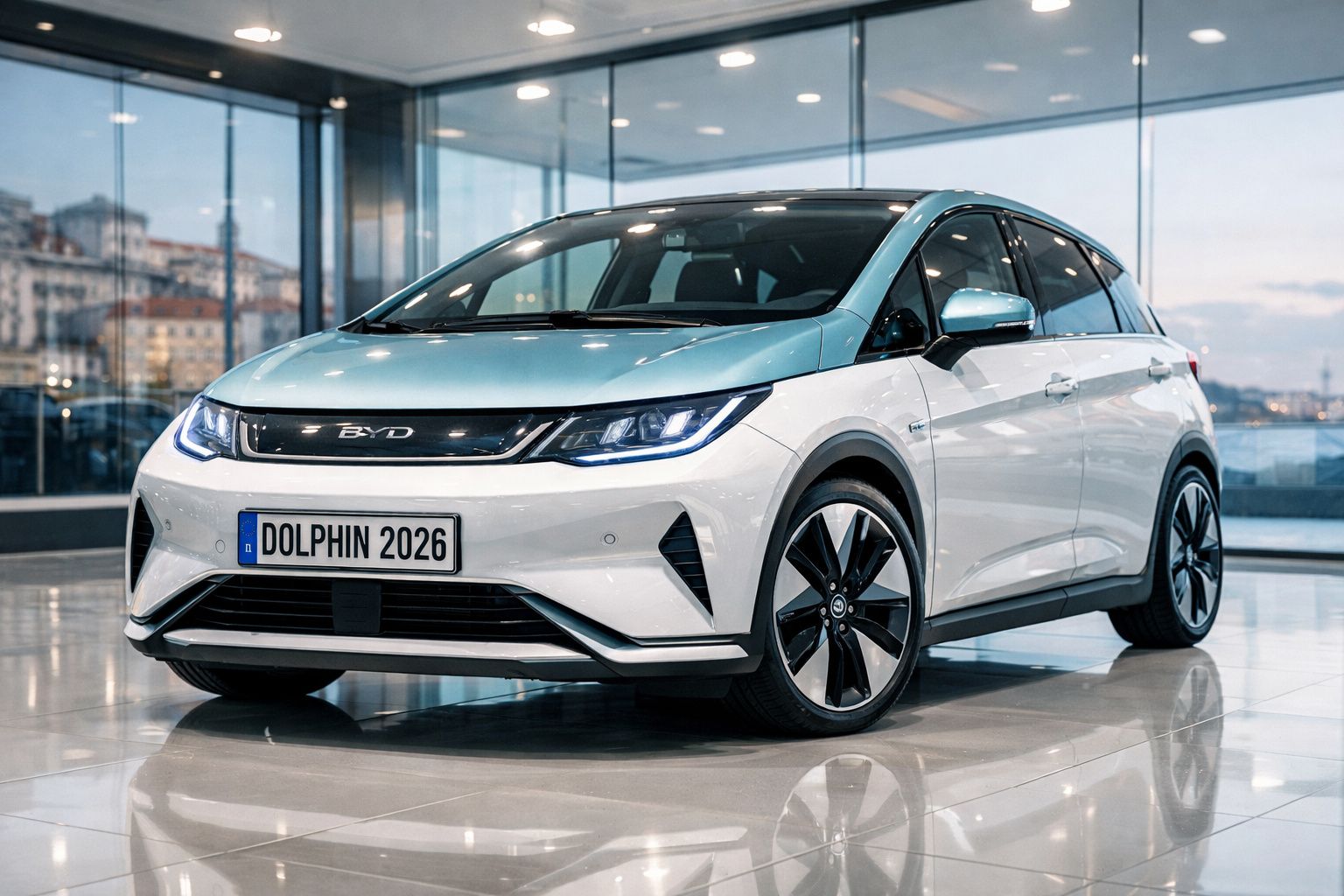 Automóvel elétrico branco BYD Dolphin 2026 em showroom com janelas de vidro e vista urbana ao fundo.