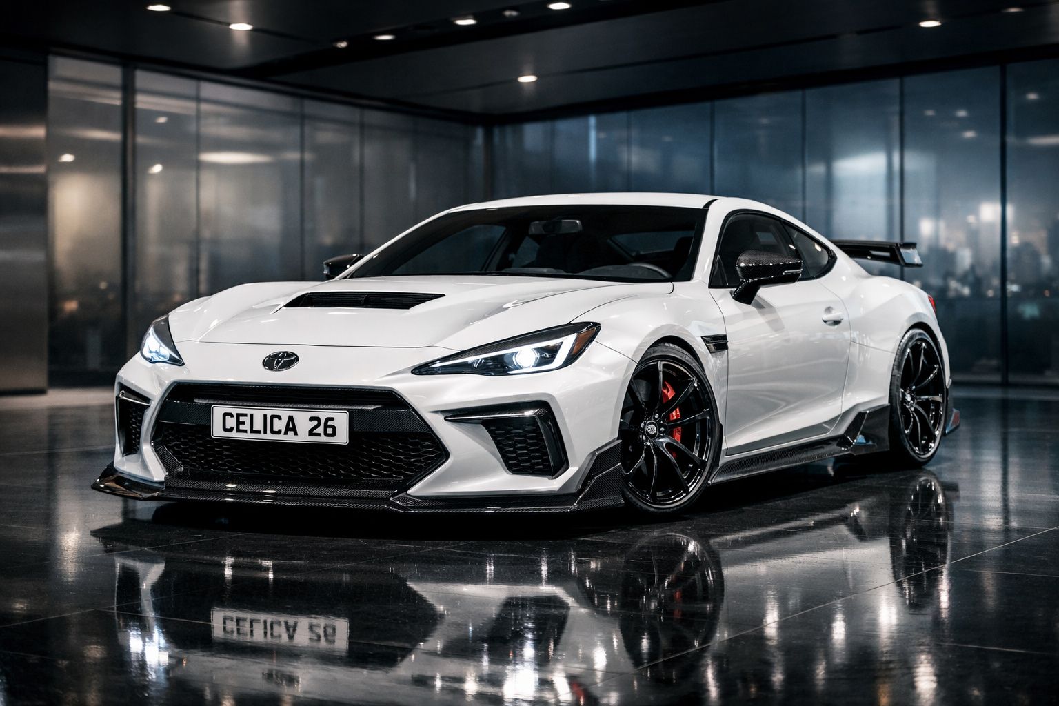 Carro desportivo branco Toyota Celica 26 estacionado em piso brilhante com paredes de vidro ao fundo.