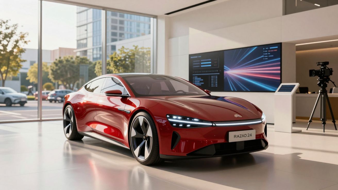 Carro elétrico desportivo vermelho Razao 24 em exposição num showroom moderno com grandes janelas.