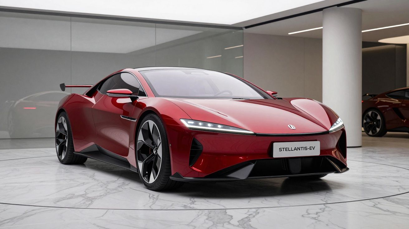Carro desportivo elétrico vermelho brilhante, modelo Stellantis-EV, apresentado em espaço moderno com chão de mármore.