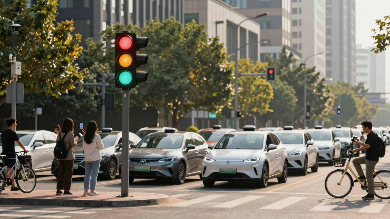 Semáforo verde para carros parados, peões e ciclistas numa zona urbana com prédios e árvores ao fundo.