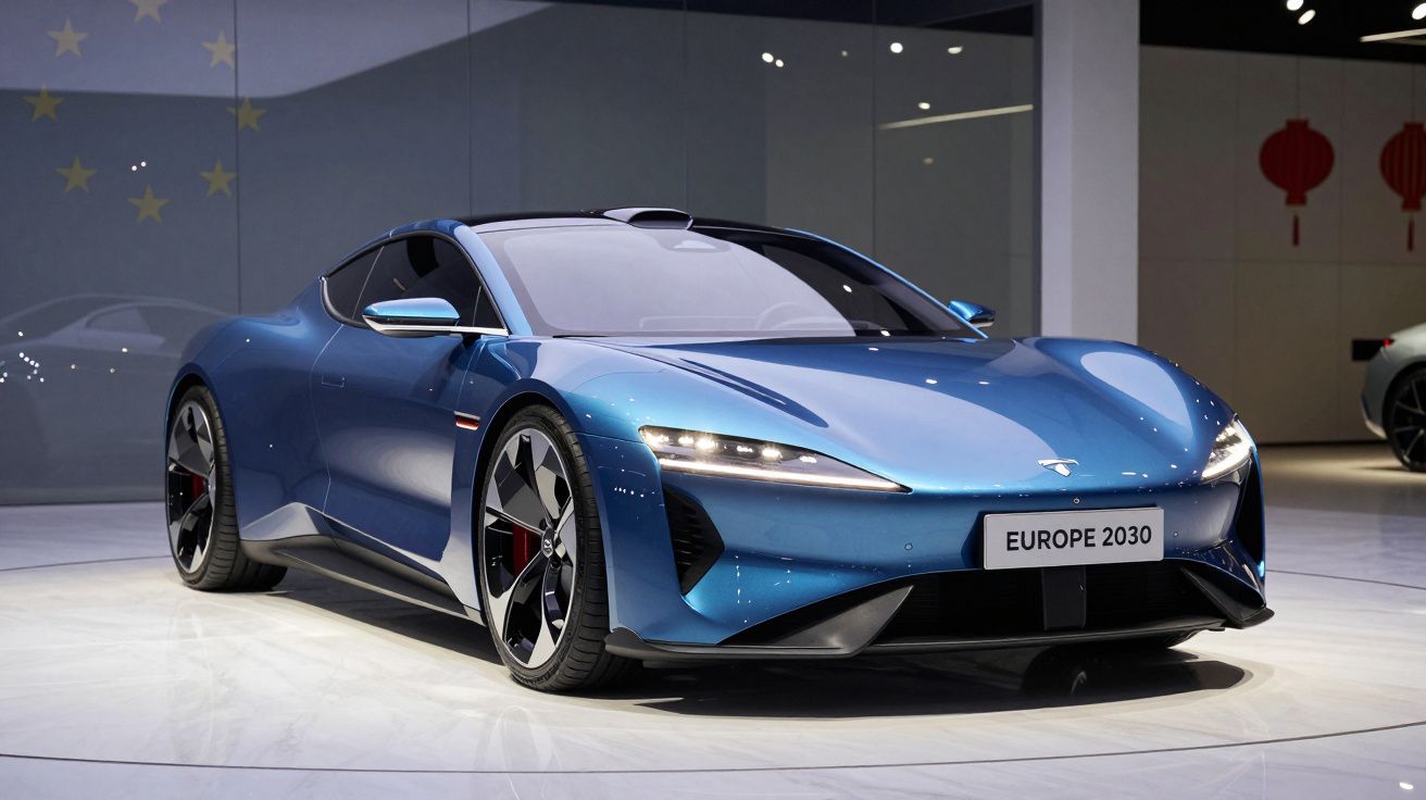 Carro desportivo elétrico azul com formato aerodinâmico exposto em sala moderna, placa "Europe 2030".