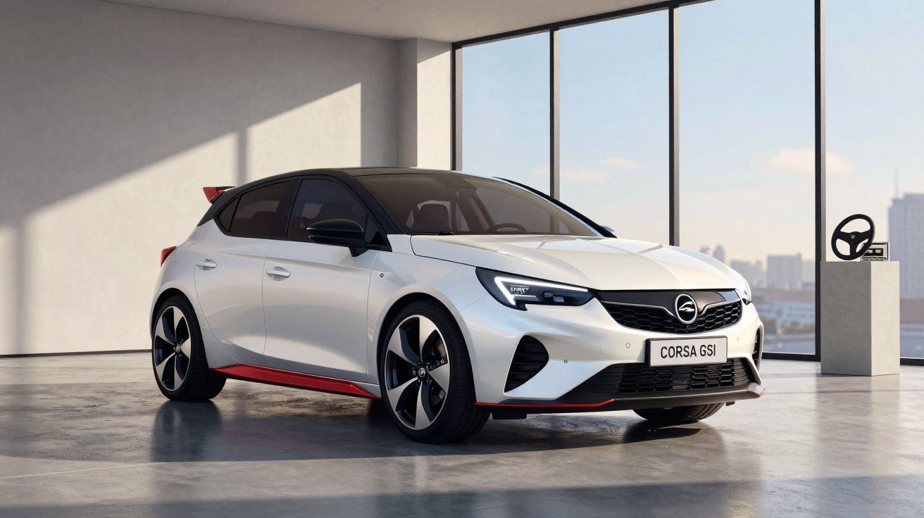 Carro Opel Corsa GSI branco estacionado em espaço interior moderno com grandes janelas.