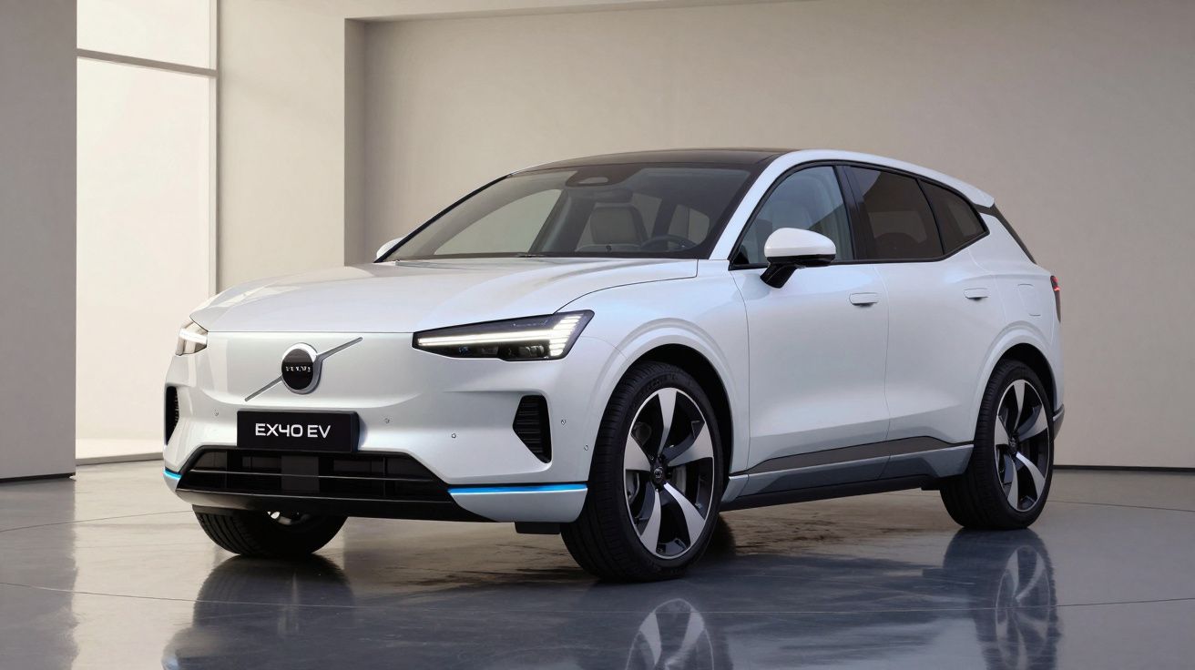 Carro elétrico Volvo EX40 EV branco visto em estúdio com design moderno e rodas grandes.