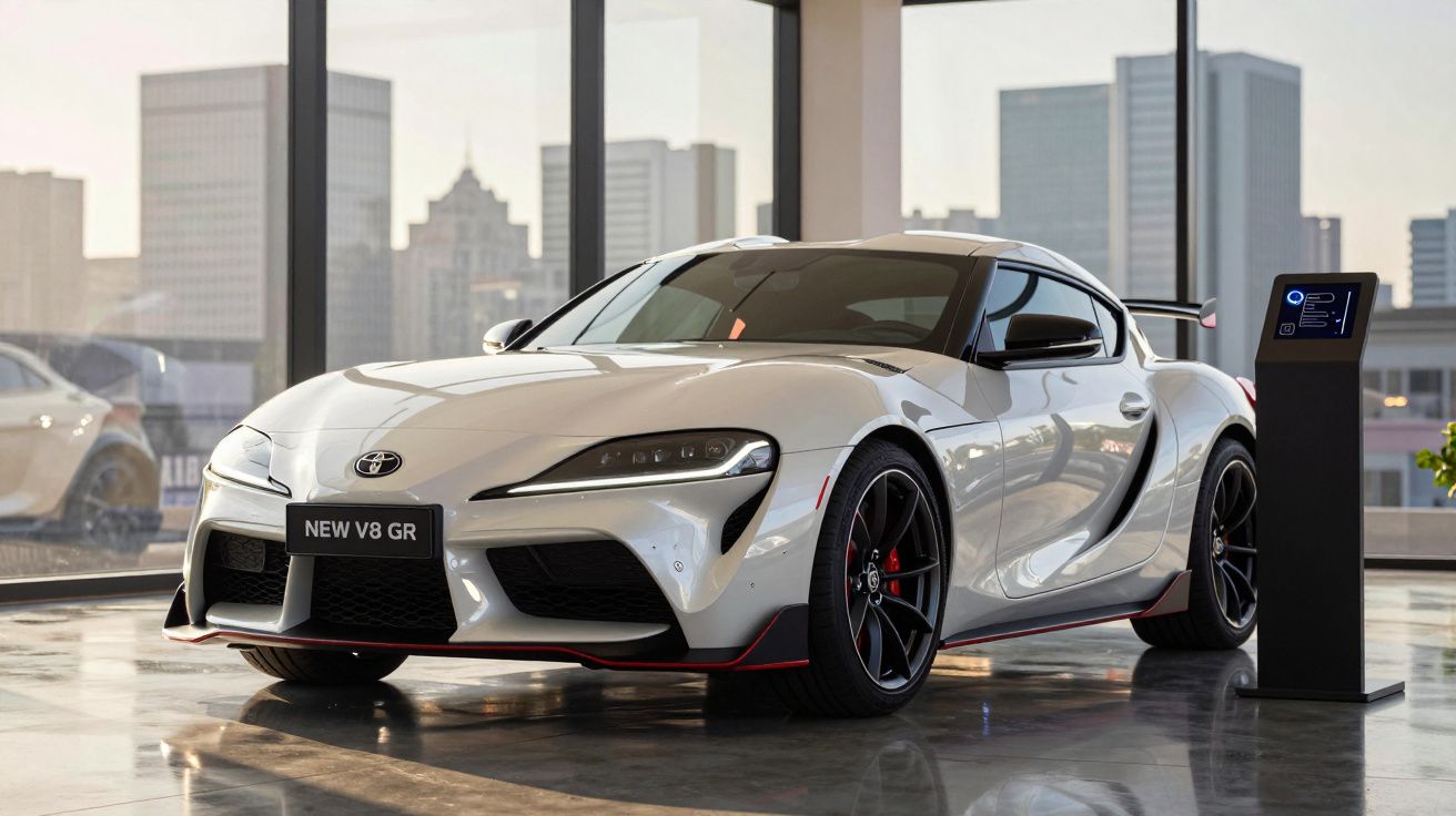 Toyota Supra novo modelo V8 GR branco em showroom moderno com janelas grandes e cidade ao fundo.