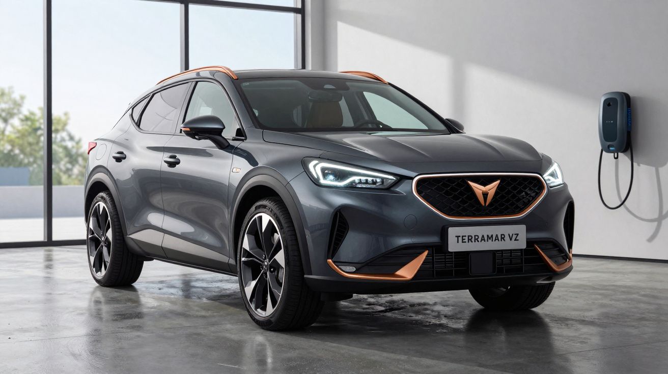 Carro elétrico cinzento escuro CUPRA Terramar VZ estacionado numa garagem com estação de carregamento.