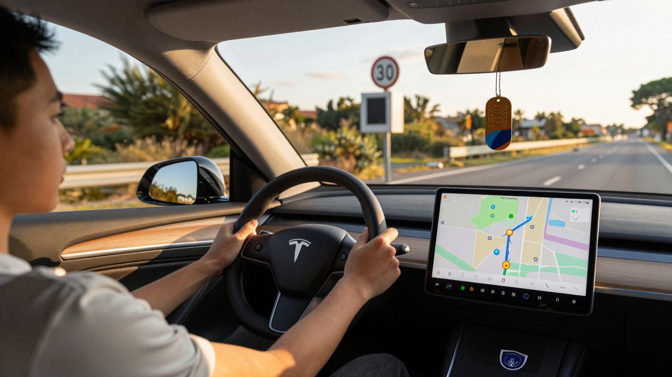 Pessoa a conduzir um carro Tesla com GPS visível no ecrã tátil e sinal de limite de velocidade 30 km/h à frente.