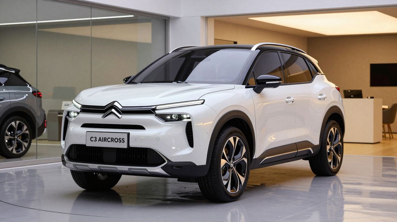 Carro Citroën C3 Aircross branco estacionado em exposição num espaço interior moderno.