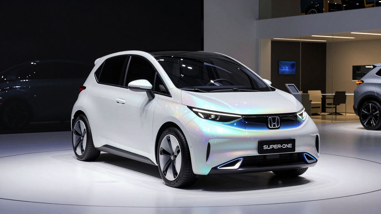 Carro elétrico branco Honda Super-One exposto em salão automóvel moderno, vista frontal lateral direita.