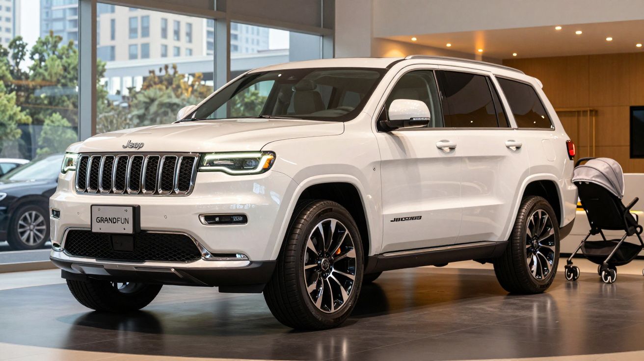 SUV branco Jeep Grand Cherokee estacionado no interior de uma exposição de carros.