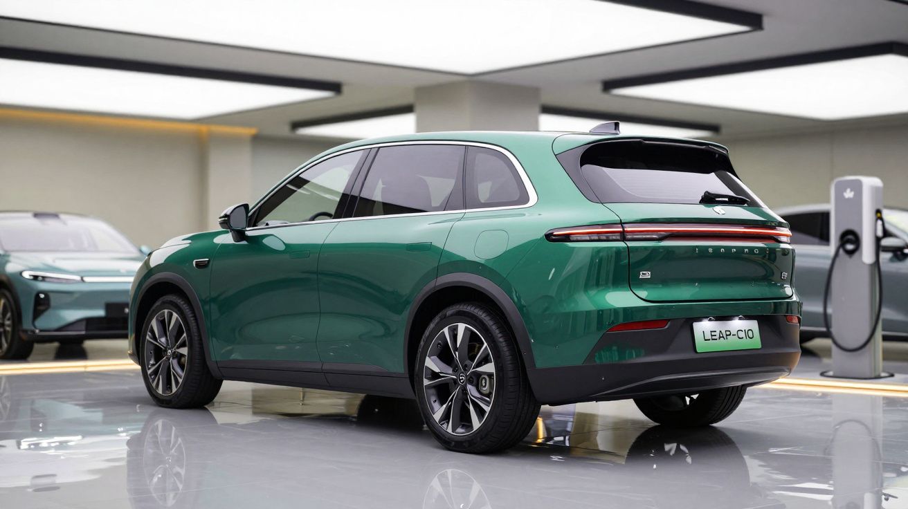 Carro elétrico verde estacionado em garagem moderna com pontos de carregamento elétrico ao fundo.