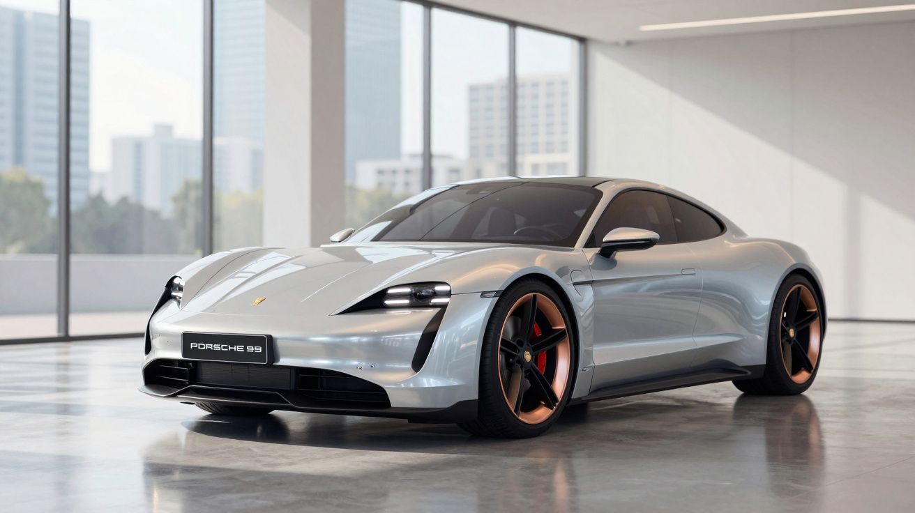 Carro desportivo elétrico Porsche 99 prata com detalhes em cobre numa sala moderna e luminosa.