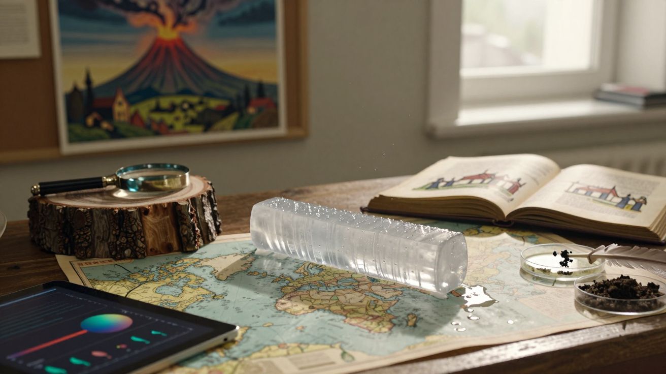 Mapa no tampo de madeira com lupa, tablet, livro, cilindro de gelo e amostras de terra em laboratório caseiro.