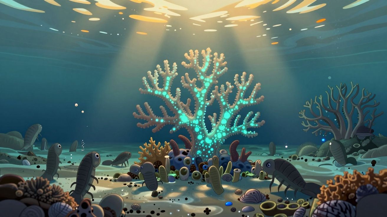 Recife de coral iluminado com peixes e organismos marinhos no fundo do oceano.
