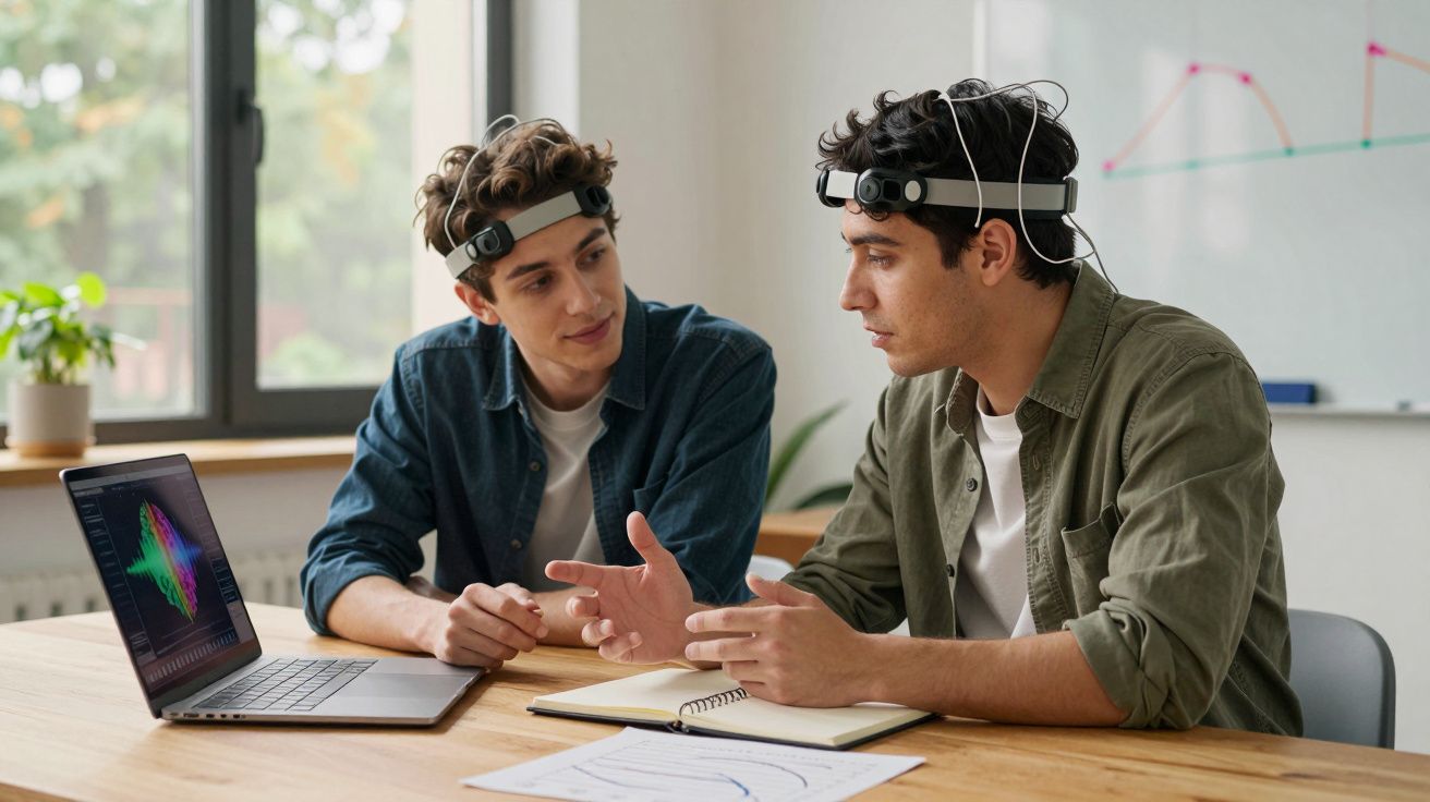 Dois jovens a usar dispositivos para captação de ondas cerebrais discutem dados junto a um computador portátil.
