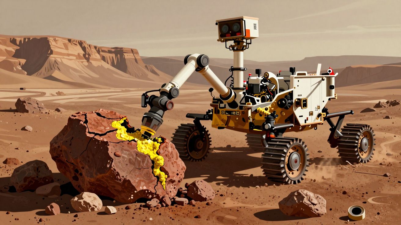 Rover explorador em território marciano a examinar uma rocha grande com fissura amarela.