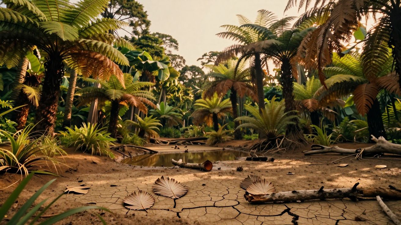 Floresta densa com diferentes tipos de vegetação e solo seco com folhas caídas e troncos espalhados.