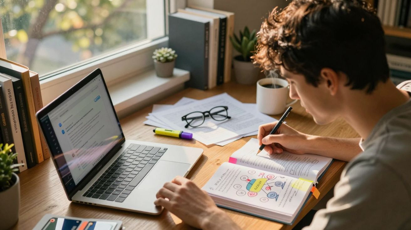 Pessoa concentrada a estudar com computador portátil, cadernos, marcadores e óculos numa secretária junto à janela.