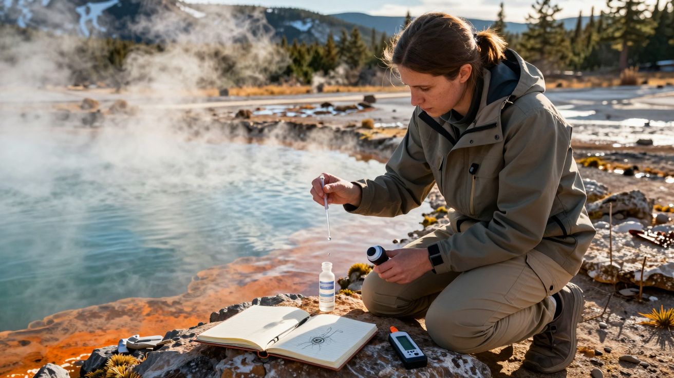 Mulher coleta água quente de fonte termal para análise científica em ambiente natural com caderno e equipamento.