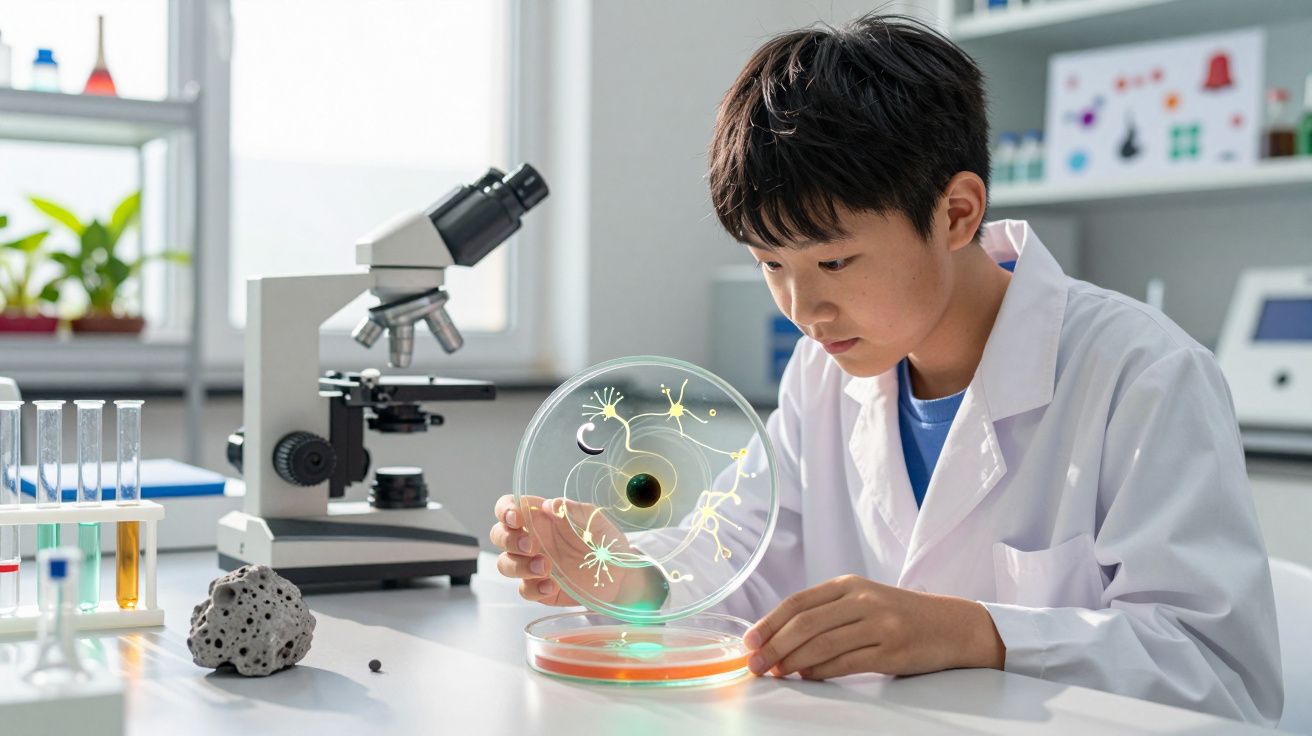 Jovem cientista em bata branca observa estrutura celular luminosa em laboratório com microscópio e tubos de ensaio.