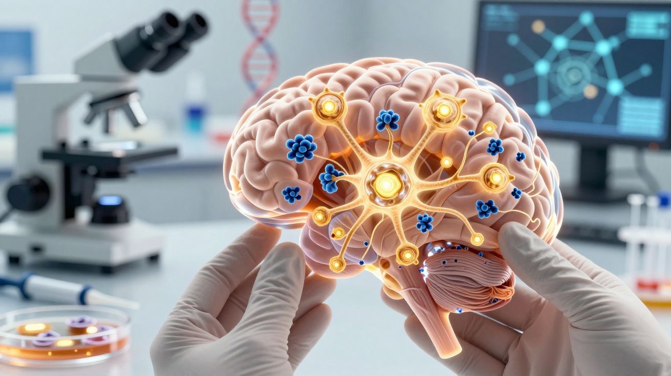 Mãos com luvas seguram modelo de cérebro com conexões neuronais iluminadas em laboratório científico.