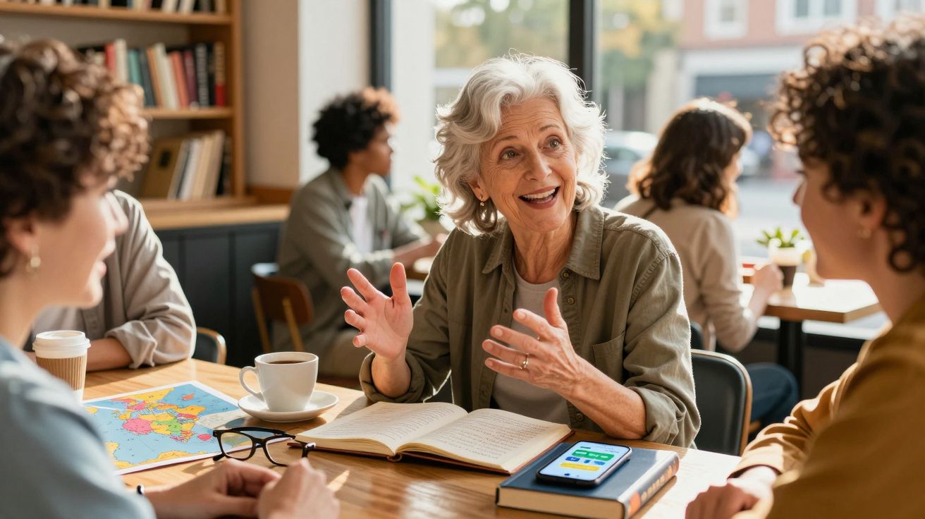 Senhora idosa sorridente a conversar com duas mulheres jovens numa mesa com livros e café numa biblioteca.