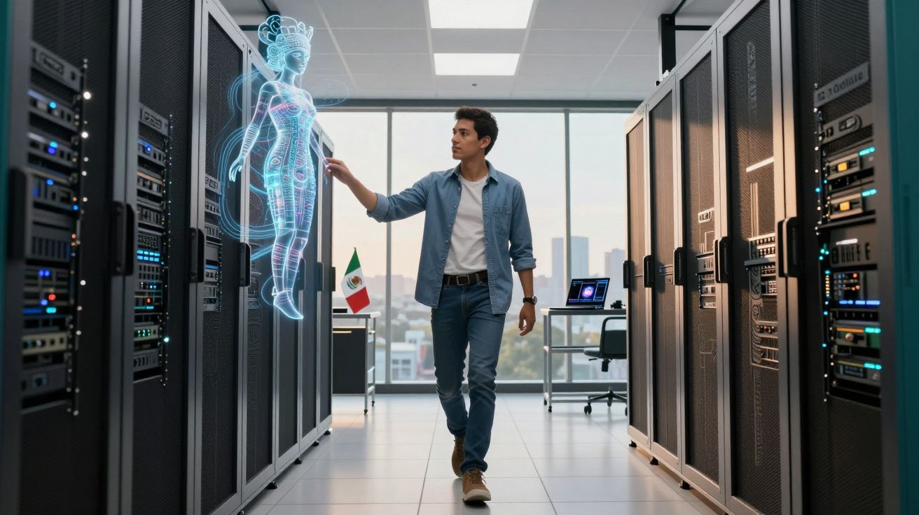 Homem numa sala de servidores interage com holograma tecnológico de figura humana futurista.