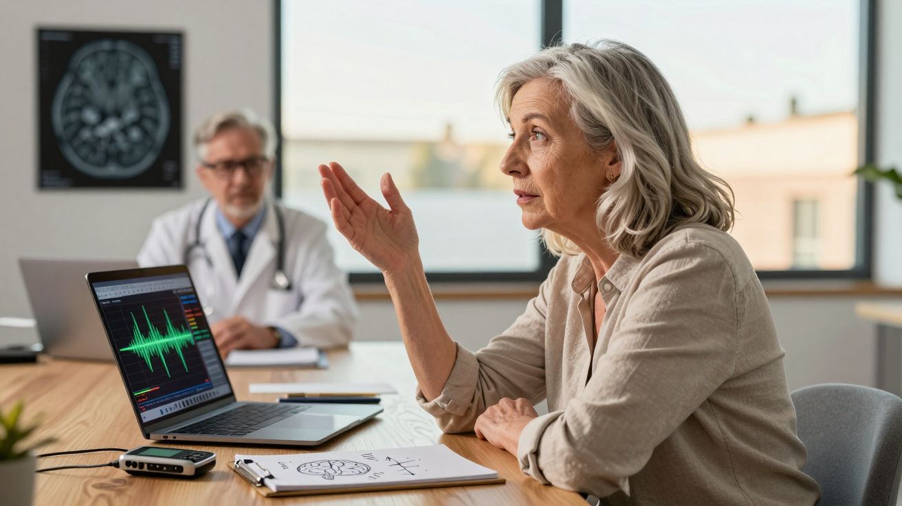 Mulher mais velha consultando médico num gabinete com gráficos e exame ao cérebro numa mesa.