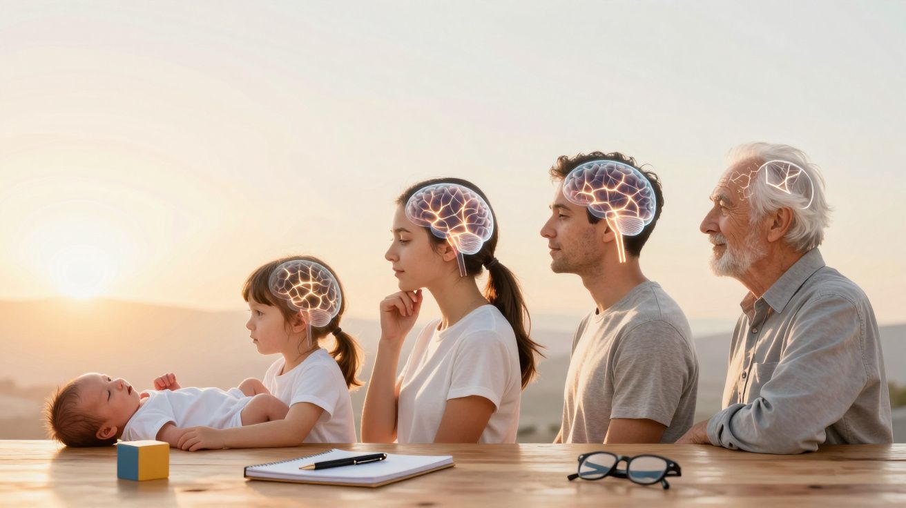 Cinco gerações de uma família sentadas lado a lado com ilustrações de cérebros iluminados, simbolizando desenvolvimento menta