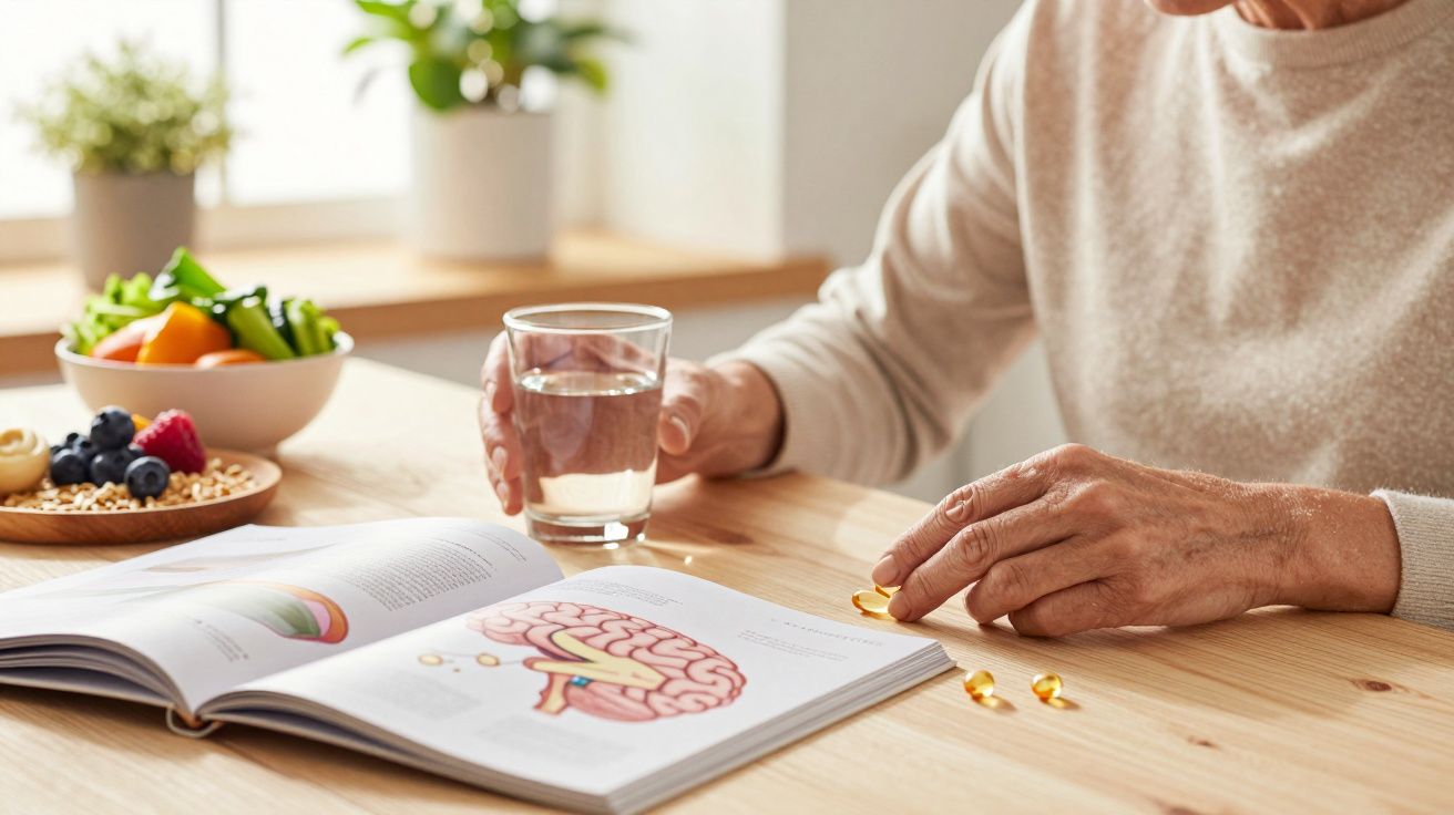 Pessoa sentada à mesa com livro aberto sobre o cérebro, segurando um copo de água e cápsulas amarelas.