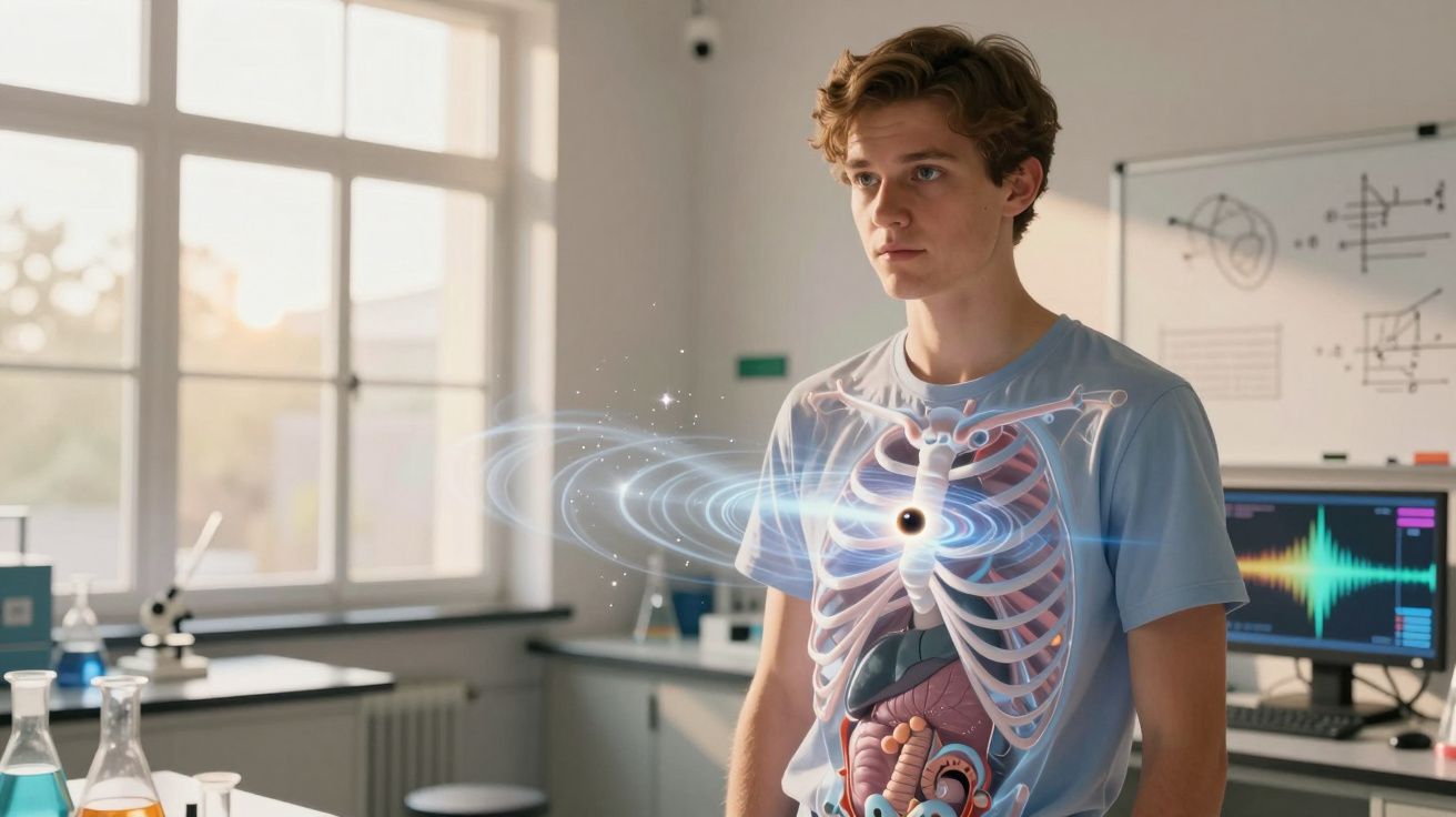 Jovem em laboratório com ilustração digital de órgãos internos e um sistema planetário no peito.
