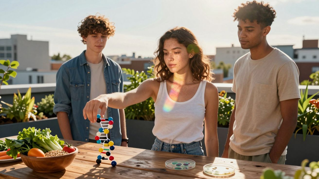 Três jovens observam modelo de ADN colorido sobre mesa numa varanda com plantas ao sol.