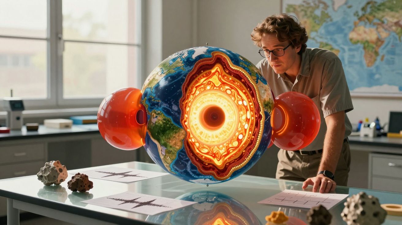 Homem observa modelo tridimensional do interior da Terra numa sala de aula com mapas e rochas.