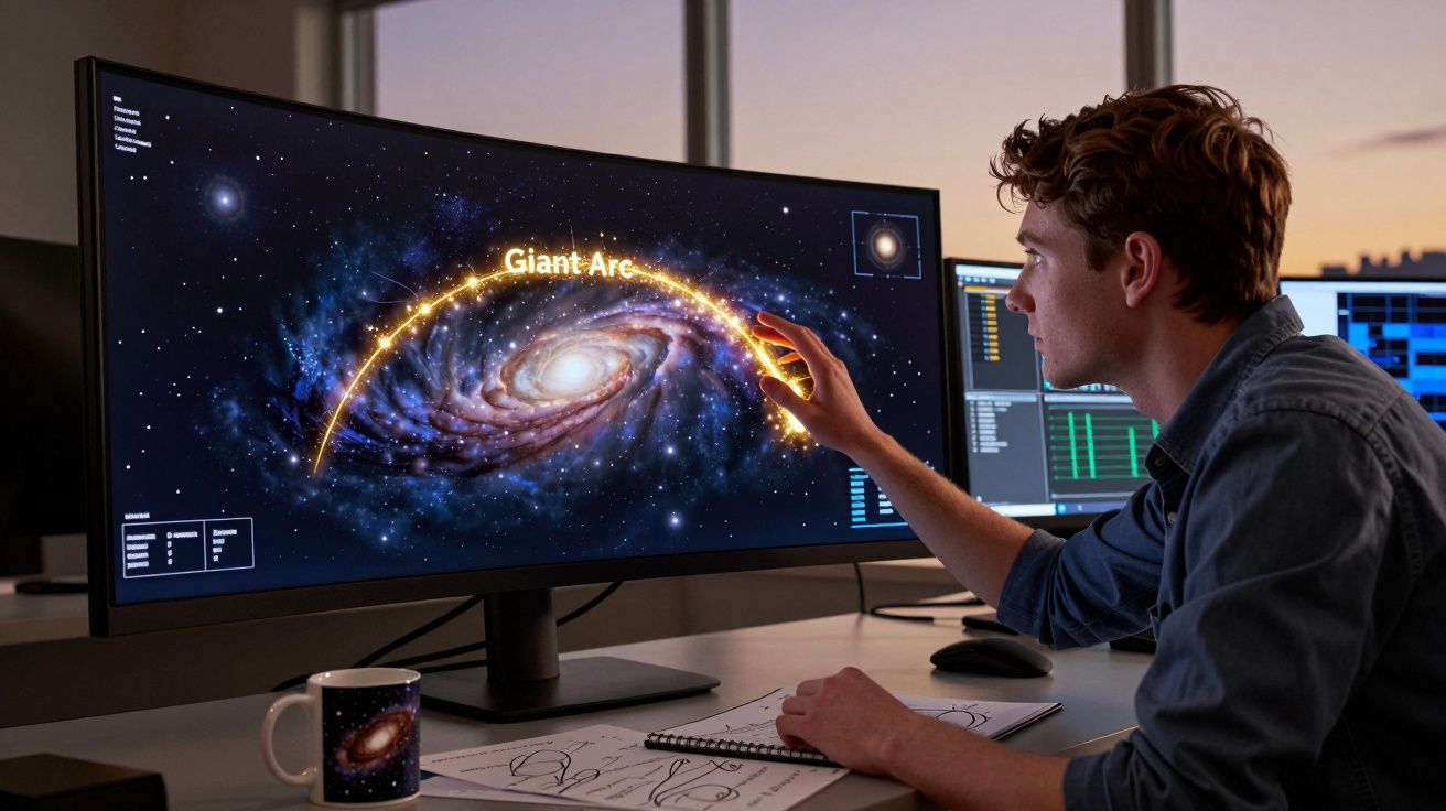Homem analisa imagem digital de galáxia espiral com arco gigante num ecrã de computador.