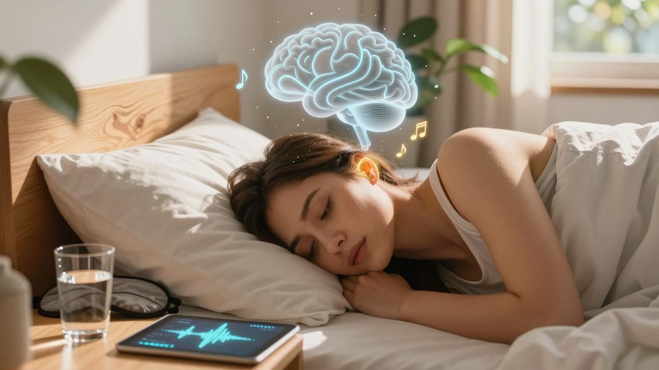 Mulher a dormir na cama com ícone digital do cérebro e notas musicais a indicar estímulo cerebral.