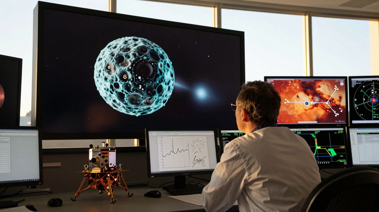Homem com bata branca observa imagens espaciais e dados científicos em múltiplos ecrãs num laboratório moderno.
