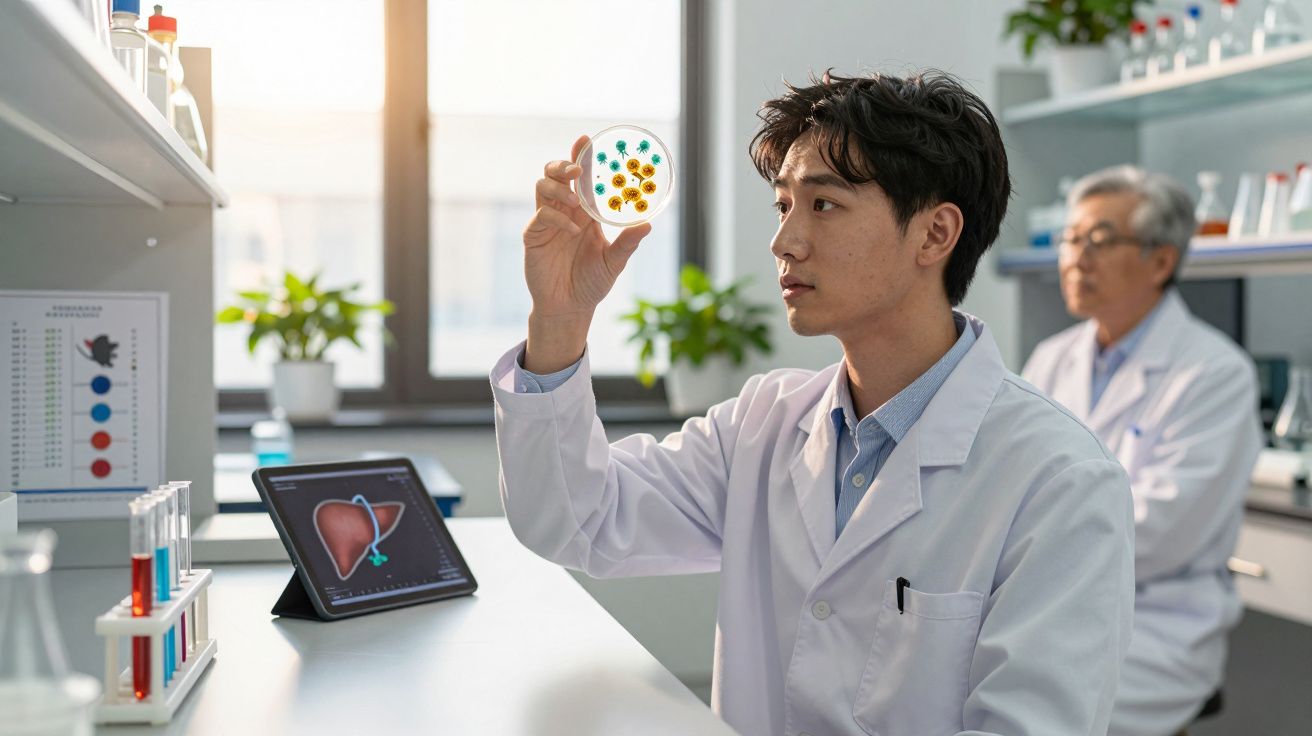 Cientista jovem em laboratório a analisar placa de Petri com bactérias coloridas e outro investigador ao fundo.