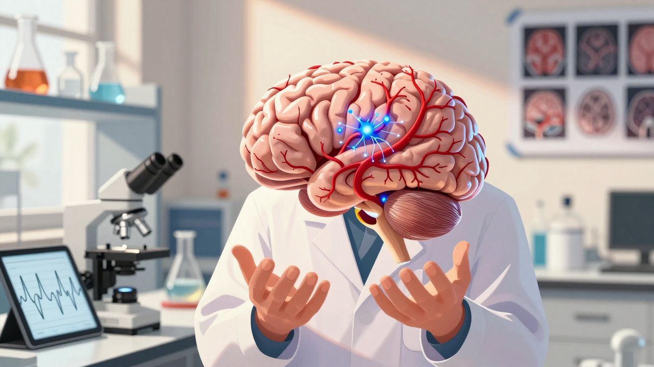 Cérebro humano flutuante com neurónios, médico em laboratório com equipamento científico ao fundo.