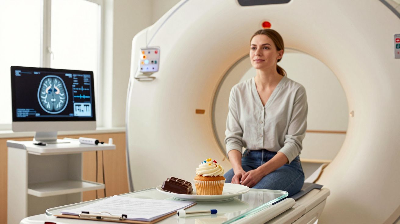 Mulher sentada em máquina de ressonância magnética com sobremesas e monitor de imagens cerebrais ao lado.