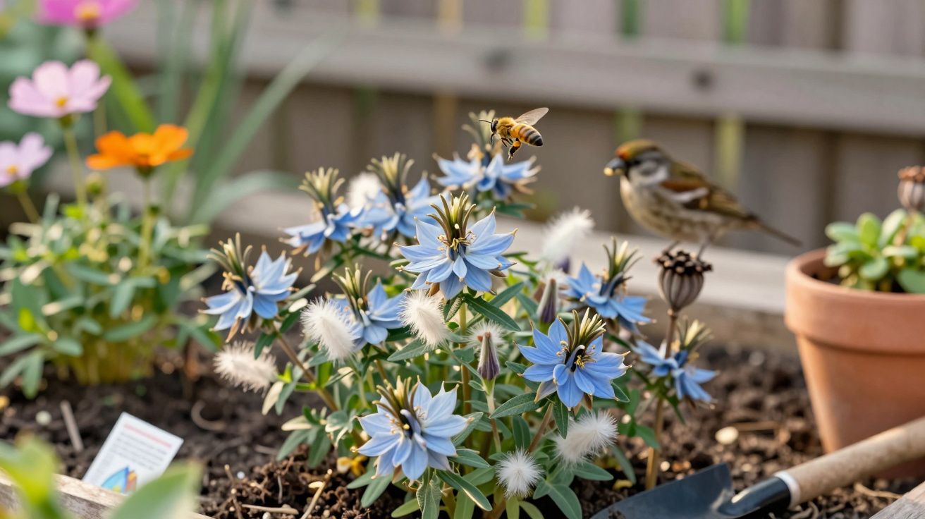 Abelha a voar sobre flores azuis, pardal no fundo e vaso de barro numa horta urbana.