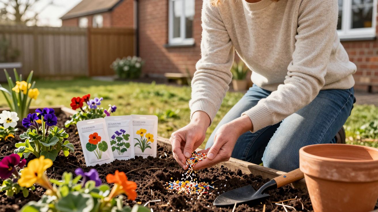 Pessoa a espalhar fertilizante colorido em canteiro de flores com pacotes de sementes e flores ao redor.