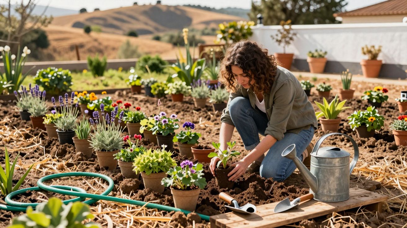 Mulher a plantar flores em vasos num jardim ao ar livre com ferramentas e regador por perto.