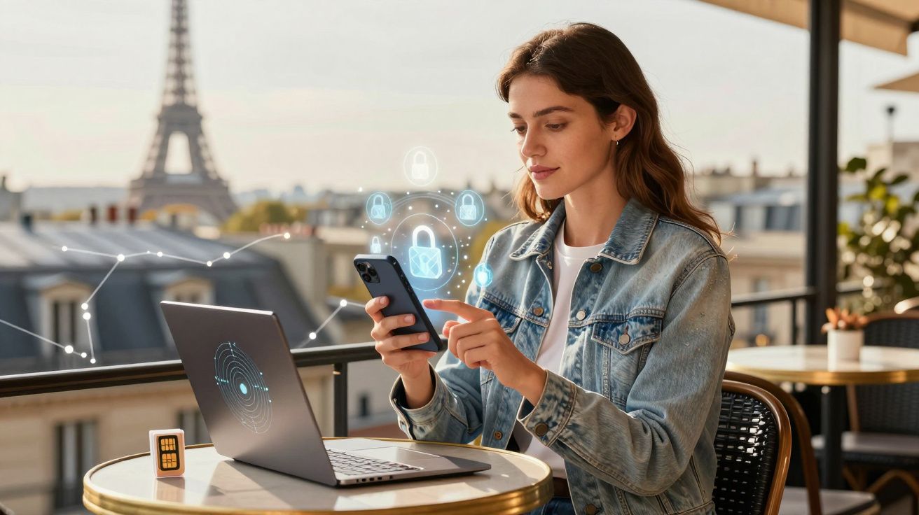 Mulher a usar smartphone com ícones de segurança digital, sentada numa esplanada com vista para a Torre Eiffel.