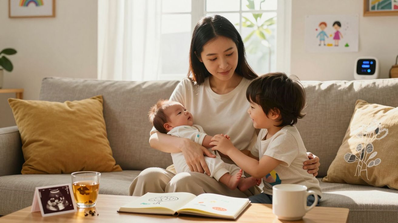 Mãe sentada no sofá com bebé ao colo e filho mais velho a tocar no bebé, com livros e chá na mesa.