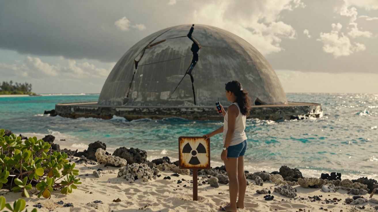 Mulher numa praia com placa de perigo radioativo observa domo danificado em mar agitado.