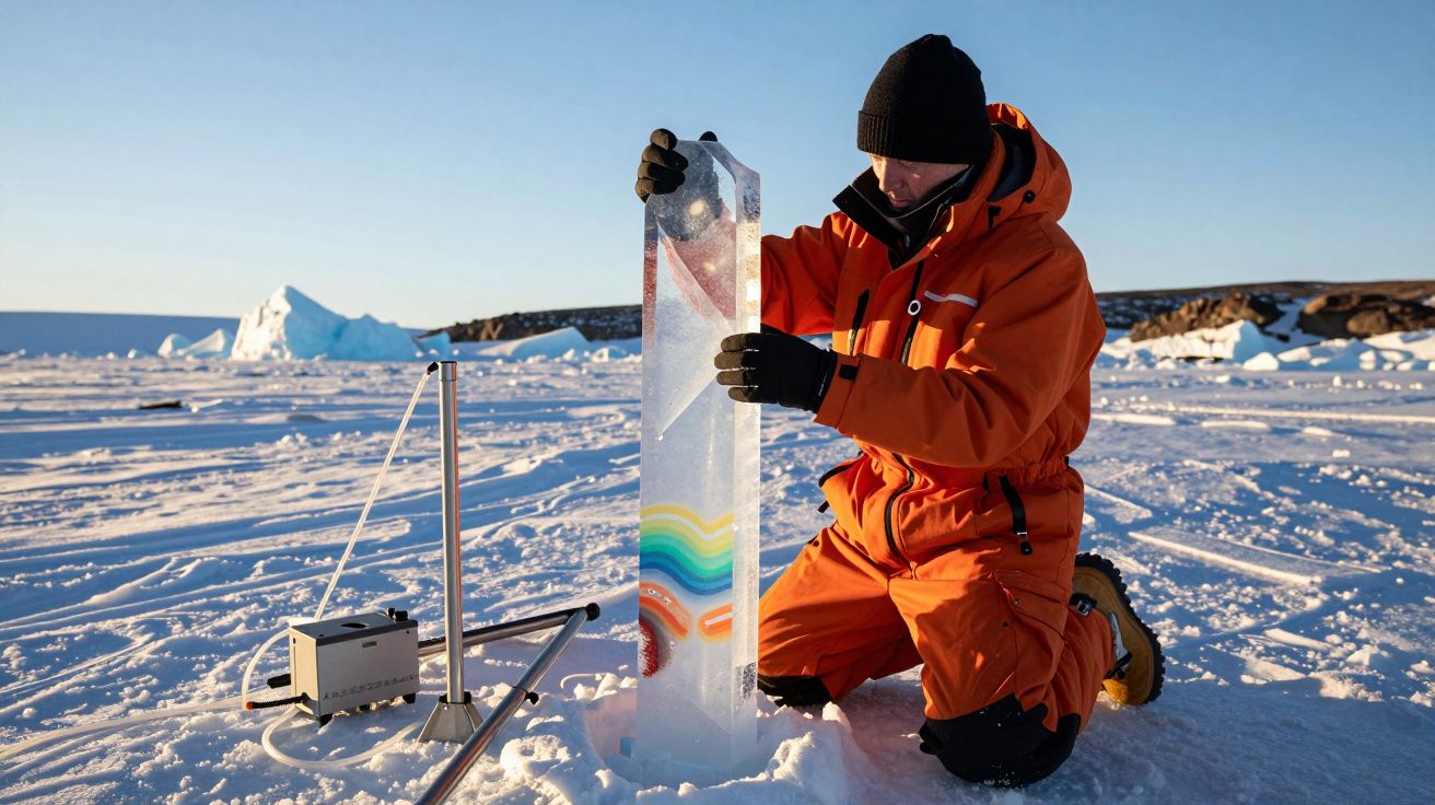 Homem de fato laranja analisa amostra de gelo com gráficos coloridos no Ártico nevado ao pôr do sol.
