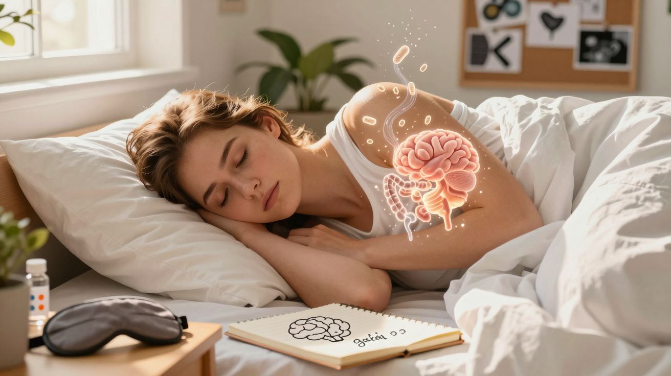 Mulher a dormir na cama com ilustração digital do cérebro e intestinos sobre o corpo, livro de neurociência ao lado.