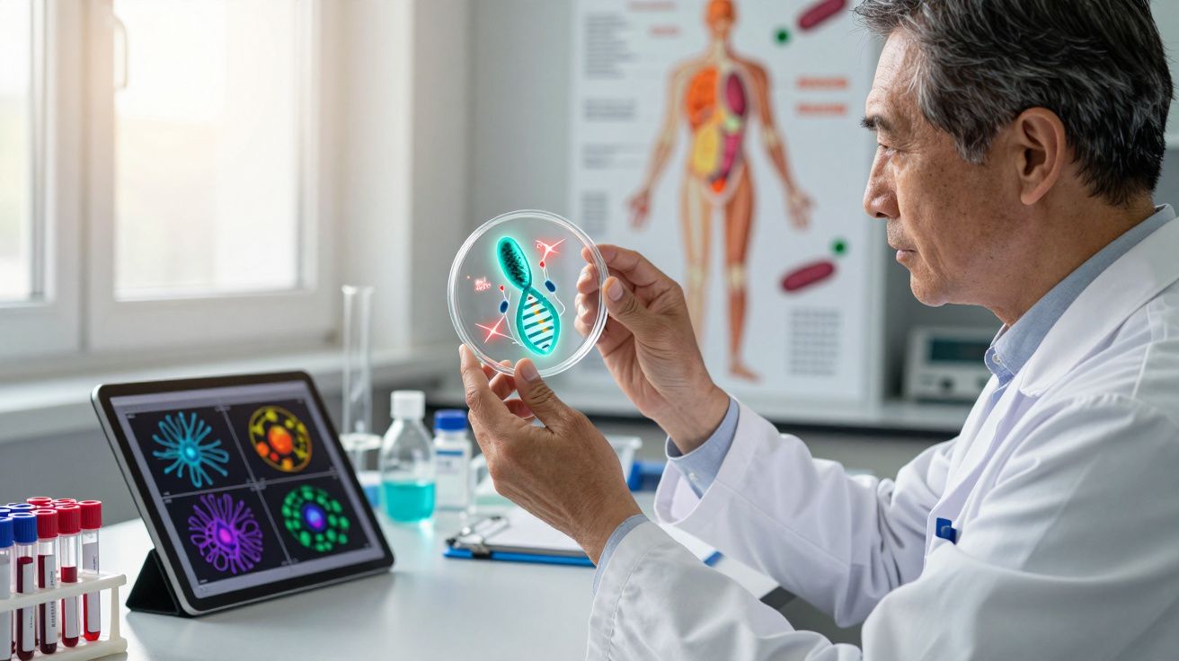 Cientista em laboratório a analisar uma imagem digital de ADN num ambiente científico moderno.