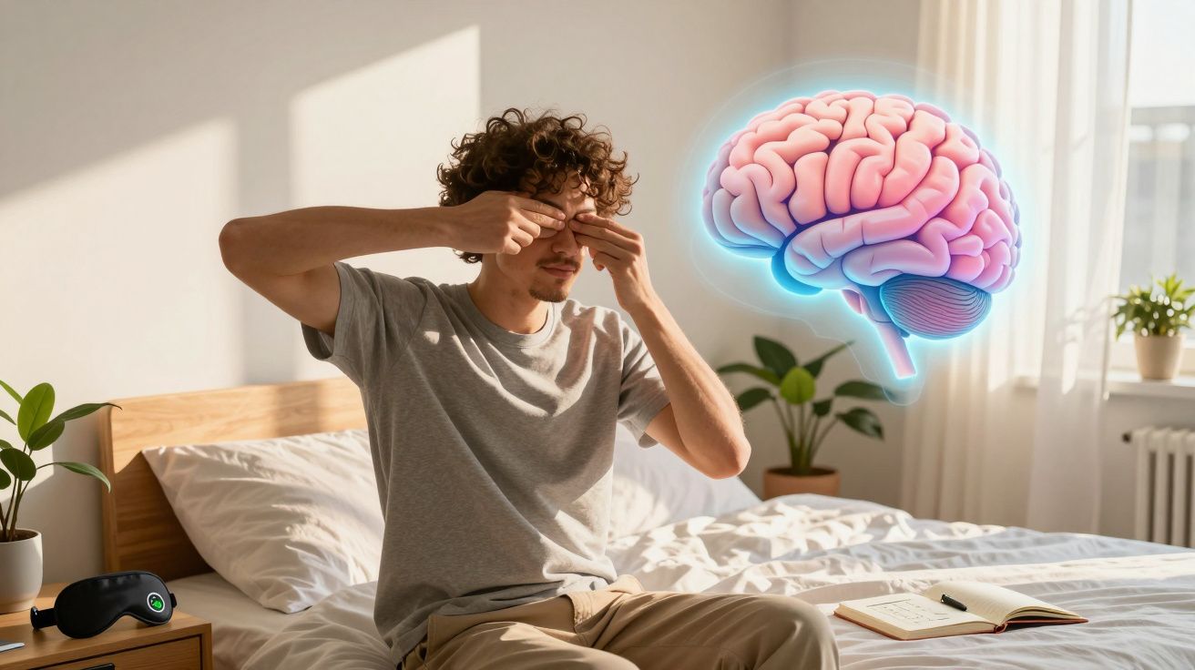 Homem sentado na cama a esfregar os olhos com ilustração digital de cérebro ao lado.