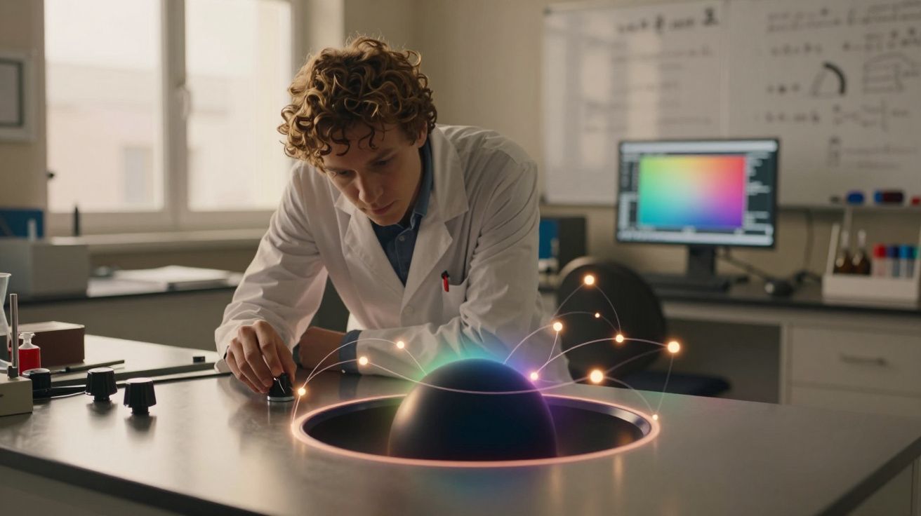 Cientista com bata branca observa modelo 3D futurista de átomo num laboratório moderno.